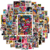 A collage of colorful art illustrations and designs for laptop and gear decals.