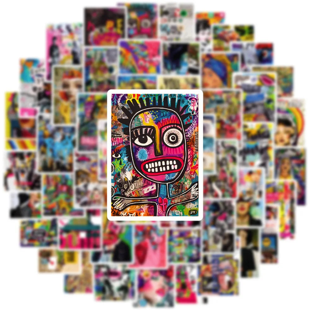 A collage of colorful art illustrations and designs for laptop and gear decals.