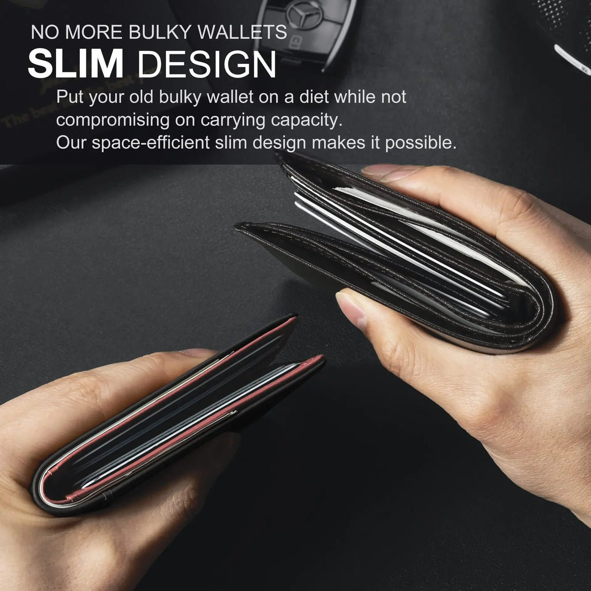 A hand holds a slim black leather card holder with a geometric design against a dark background.