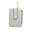 A light gray silicone PU leather key chain wristlet wallet with a black zipper and gold-tone hardware.