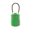 A green cable lock with a silver handle and three dials for luggage security.