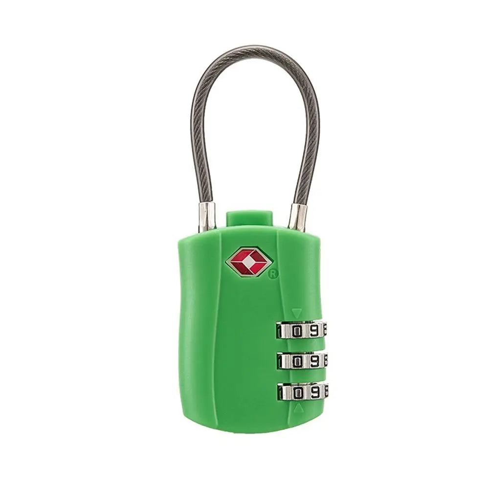 A green cable lock with a silver handle and three dials for luggage security.