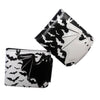 A black and white bat print PU leather bi-fold wallet with a zipper pocket.