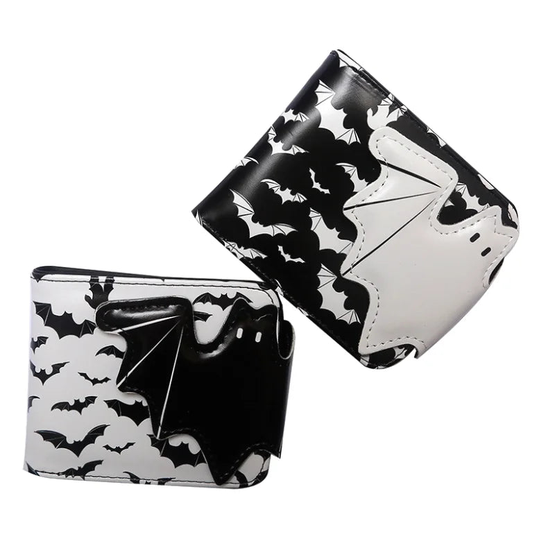 A black and white bat print PU leather bi-fold wallet with a zipper pocket.