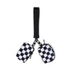 Black strap wristlet pouch with a checkered pattern for coins and essentials