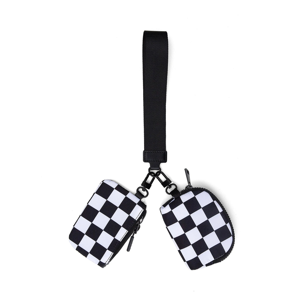 Black strap wristlet pouch with a checkered pattern for coins and essentials