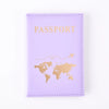 A purple PU leather passport holder wallet with gold foil printing of a world map.