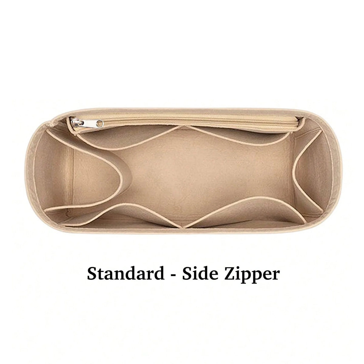 A beige reusable felt handbag organizer pouch with a side zipper visible inside.