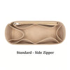 A beige felt tote bag organizer insert with a side zipper and multi-pocket divider.