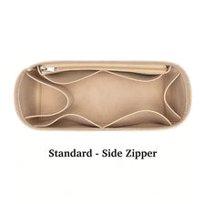 A beige felt tote bag organizer insert with a side zipper and multi-pocket divider.