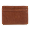 A brown genuine leather card holder with a stitched edge shown flat.
