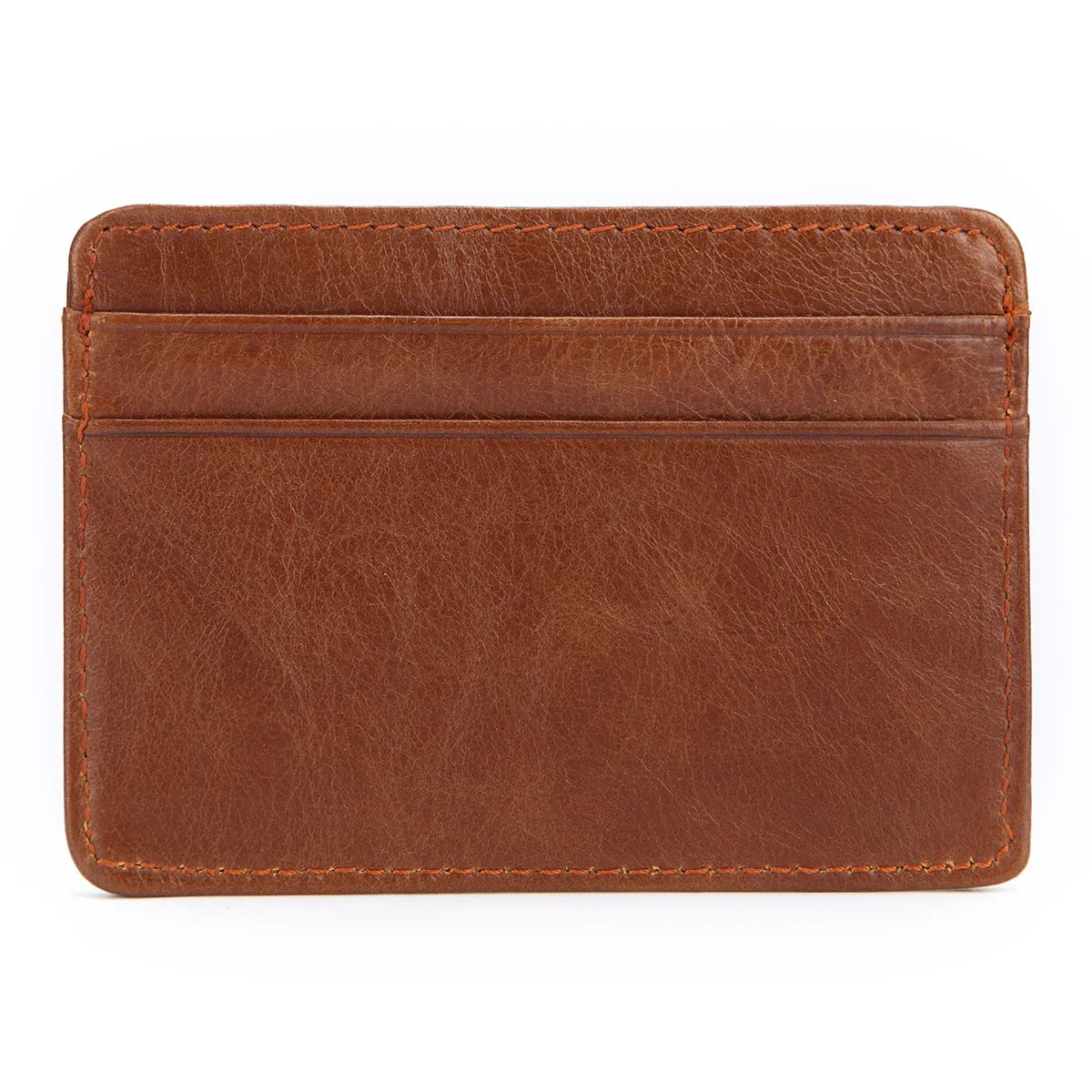A brown genuine leather card holder with a stitched edge shown flat.