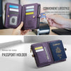 Cartera de pasaporte morada con ranuras para tarjetas y correa, mostrada abierta y cerrada.