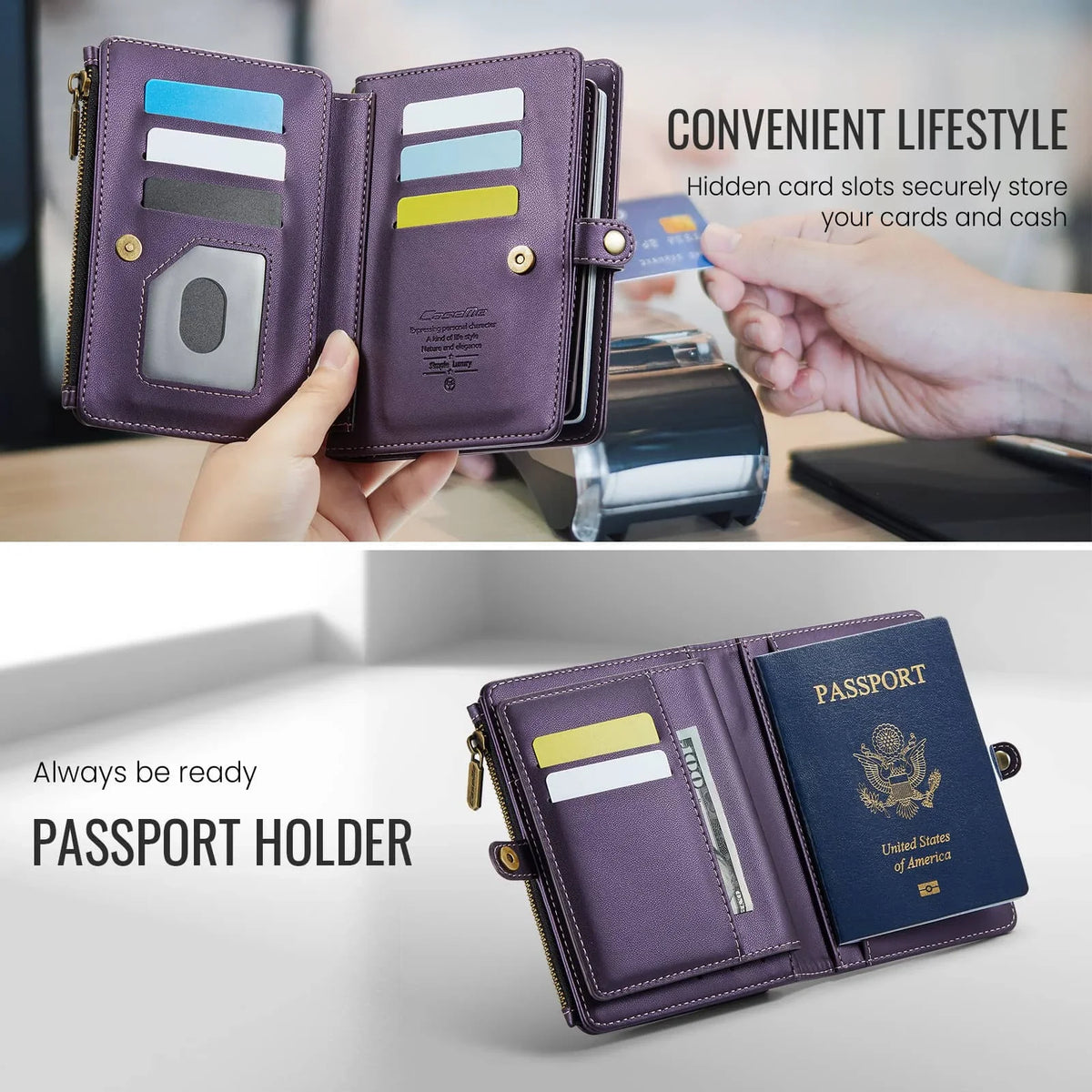 Cartera de pasaporte morada con ranuras para tarjetas y correa, mostrada abierta y cerrada.