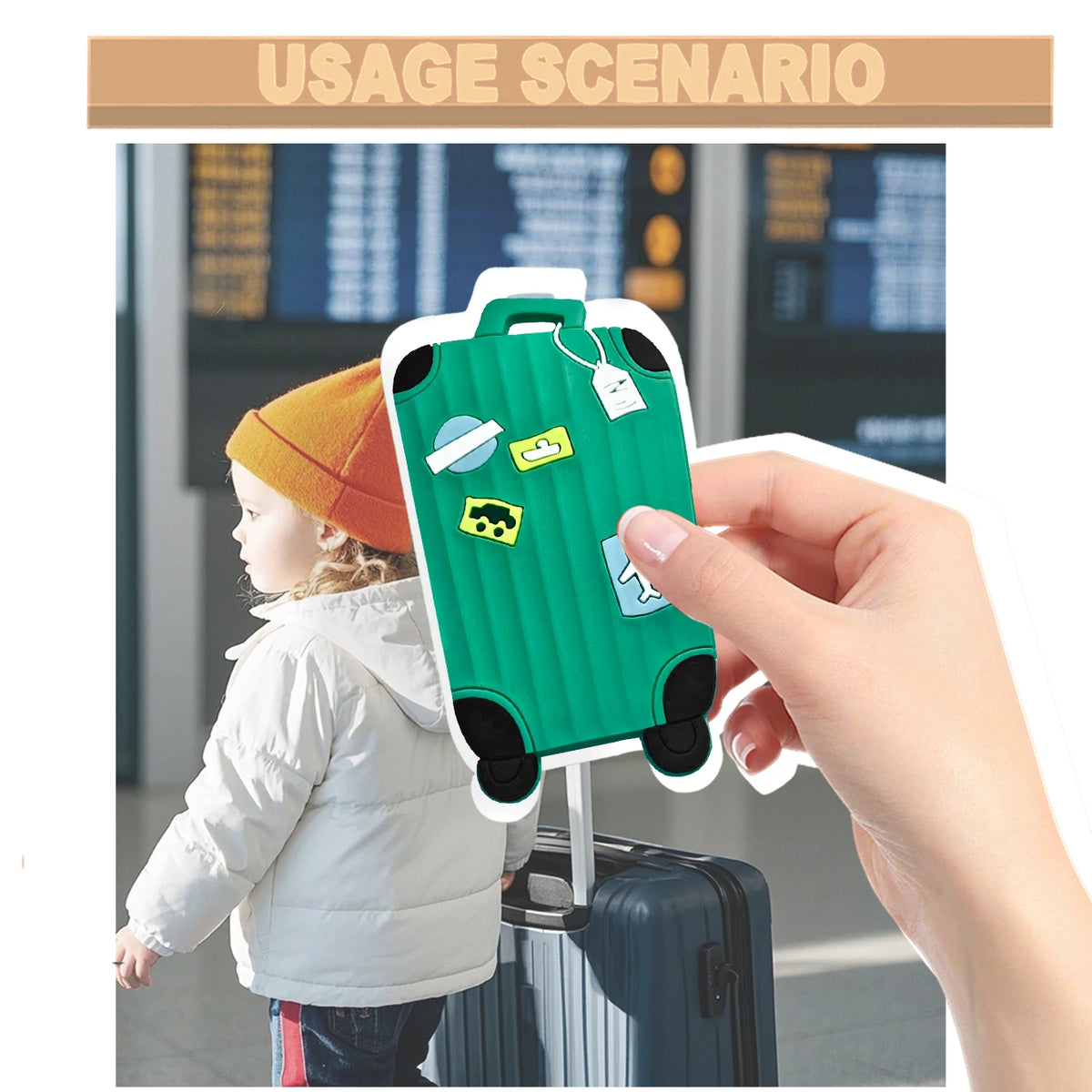 A hand holds a green luggage tag with various tags attached, next to a child and a blue suitcase.