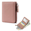 A pink genuine leather slim bi-fold wallet with a zipper closure and a card slot.