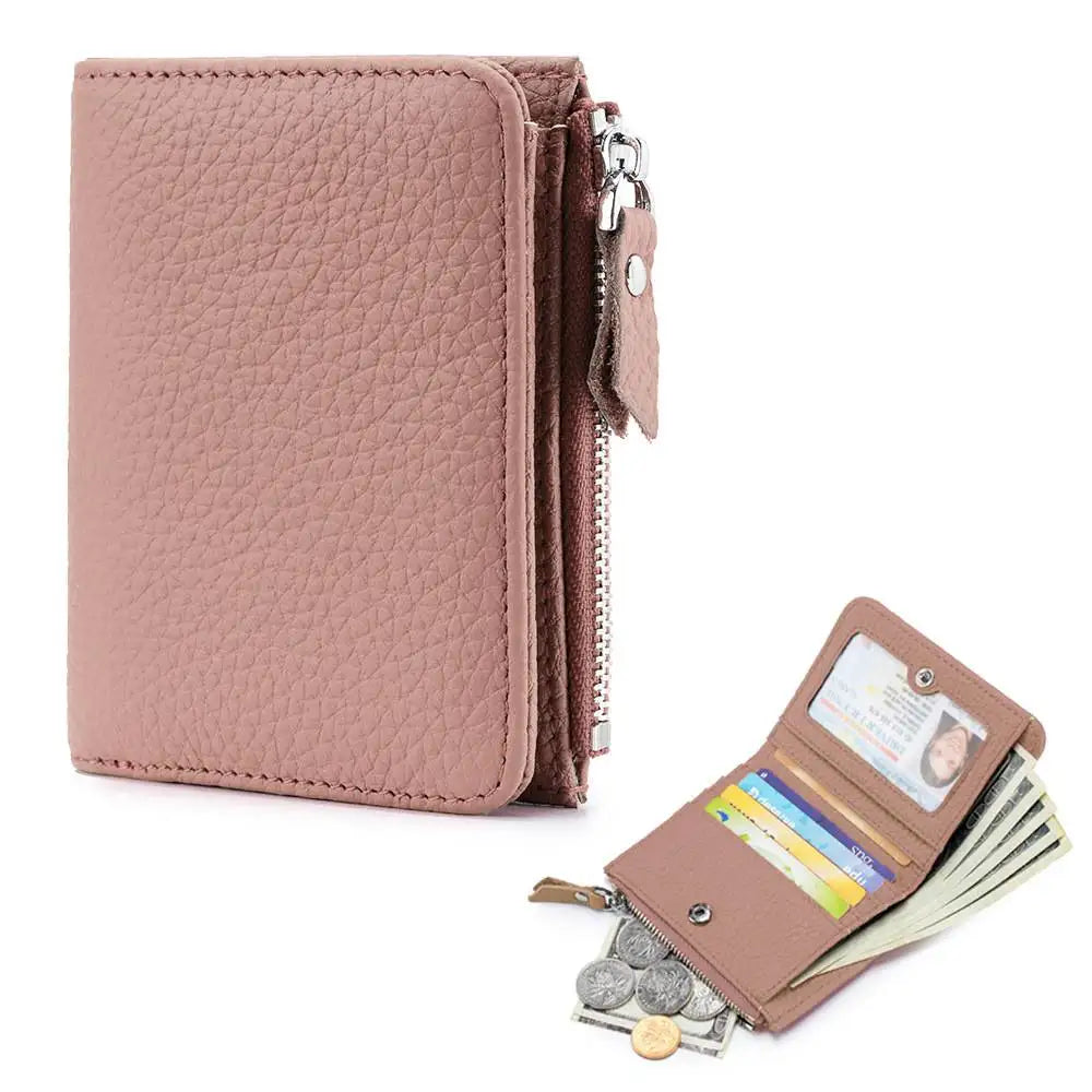 A pink genuine leather slim bi-fold wallet with a zipper closure and a card slot.