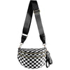 Black checkered multi-functional waist bag with a black strap and gold hardware