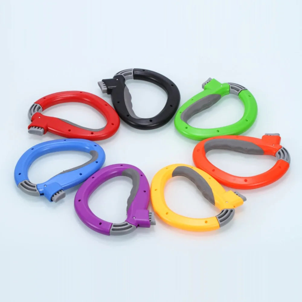 A collection of colorful D-Type portable grocery bag carriers in various colors and shapes arranged in a circle.