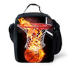 A black backpack featuring a graphic of a basketball engulfed in bright orange and yellow flames.