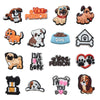 A collection of decorative shoe charms and pins featuring various dog breeds, silhouettes, and text like Dog Person and Dog L