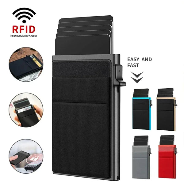 A black slim metal RFID blocking wallet with multiple slots for credit cards and an RFID blocking wallet icon.