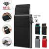 A black slim metal pop-up card holder wallet with multiple slots and an RFID blocking feature.
