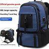 A blue and black durable travel backpack with an independent shoe compartment visible.