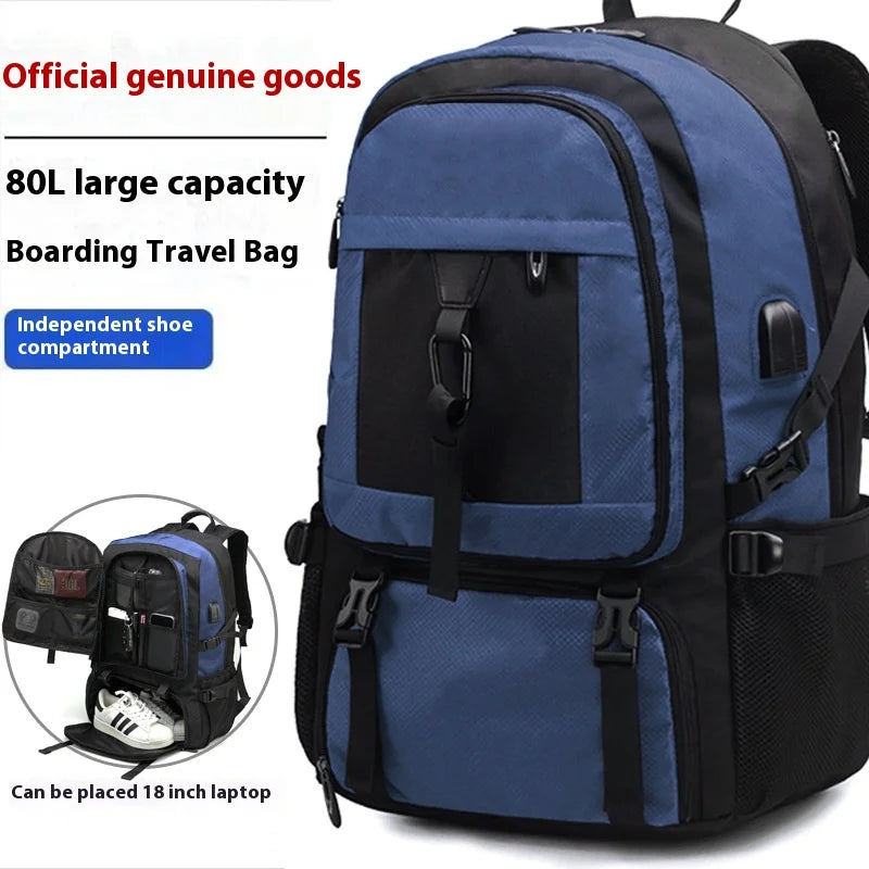 A blue and black durable travel backpack with an independent shoe compartment visible.
