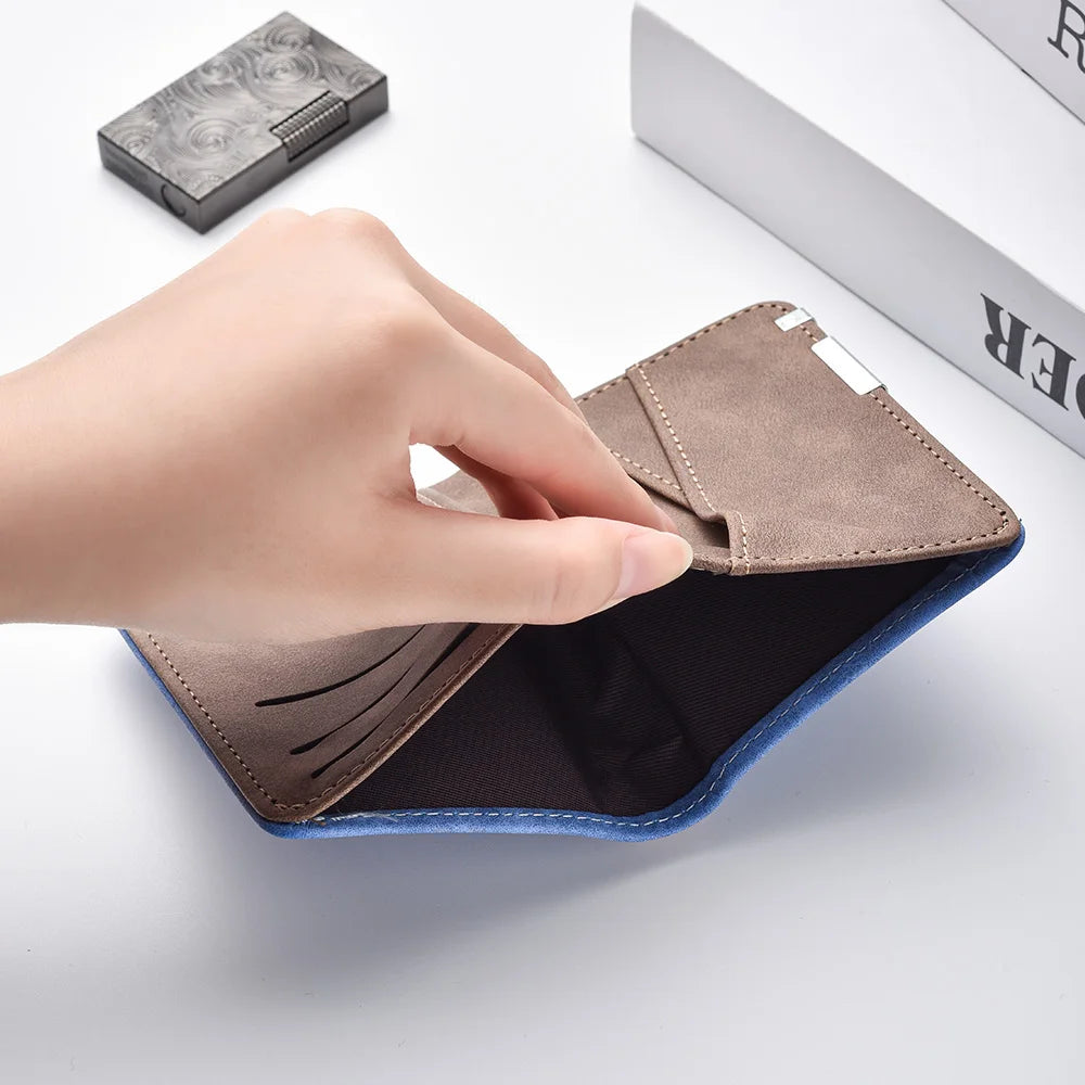 A hand opens a brown leather wallet with blue accents, showing the interior and card slots.