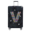A black stretch fabric luggage protection cover with silver handles and wheels.