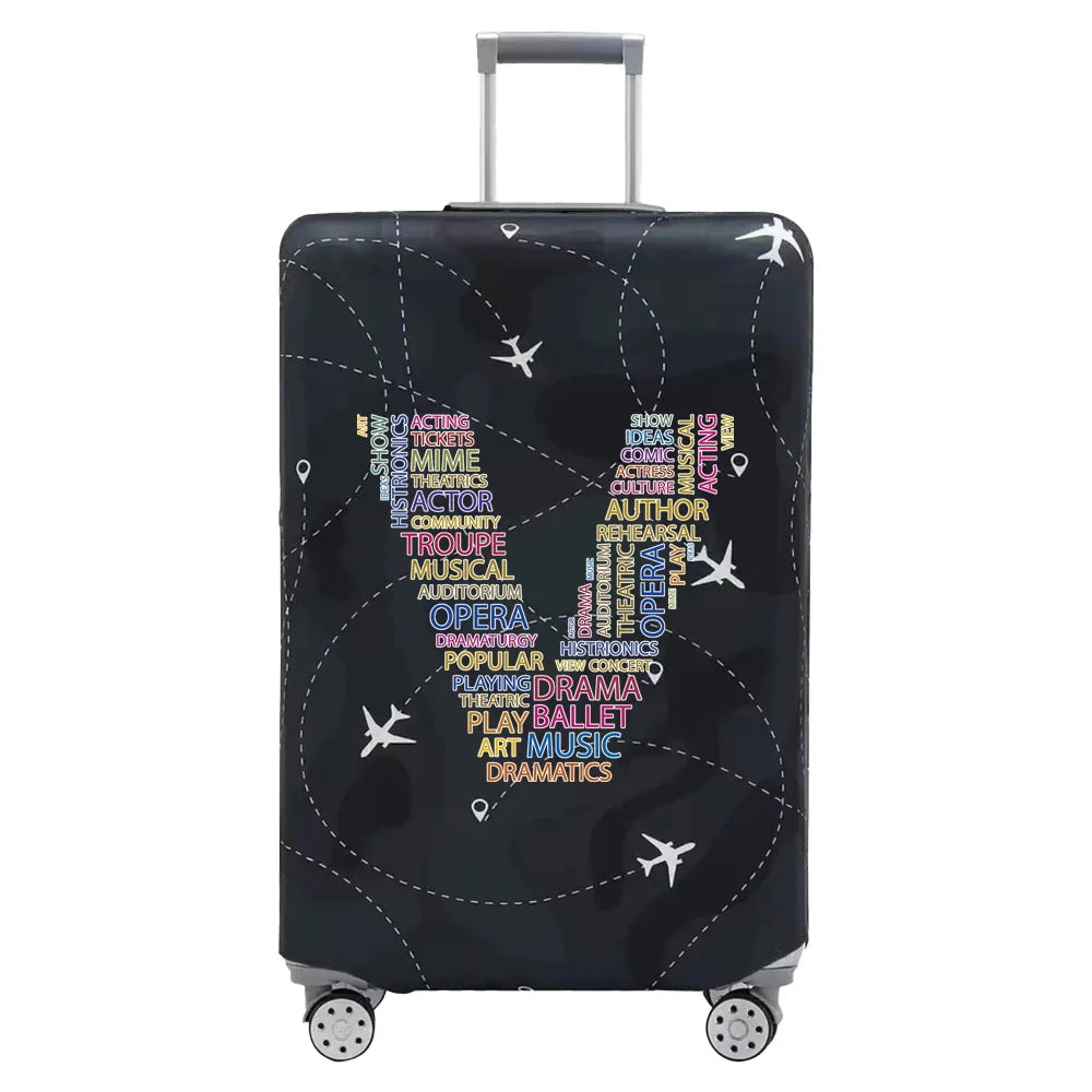 A black stretch fabric luggage protection cover with silver handles and wheels.