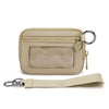 A beige Iris checkered wallet with a clear ID window and a leather strap.