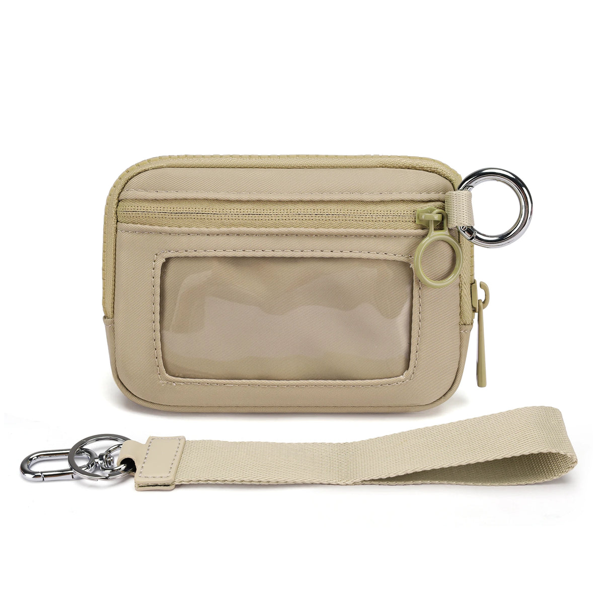 A beige Iris checkered wallet with a clear ID window and a leather strap.