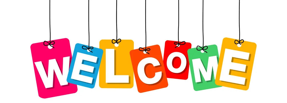 Colorful paper tags spelling out WELCOME hanging from strings