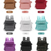 Display of various colors including khaki, pink, red, gray, white, blue, purple, black, and green tactical backpacks.