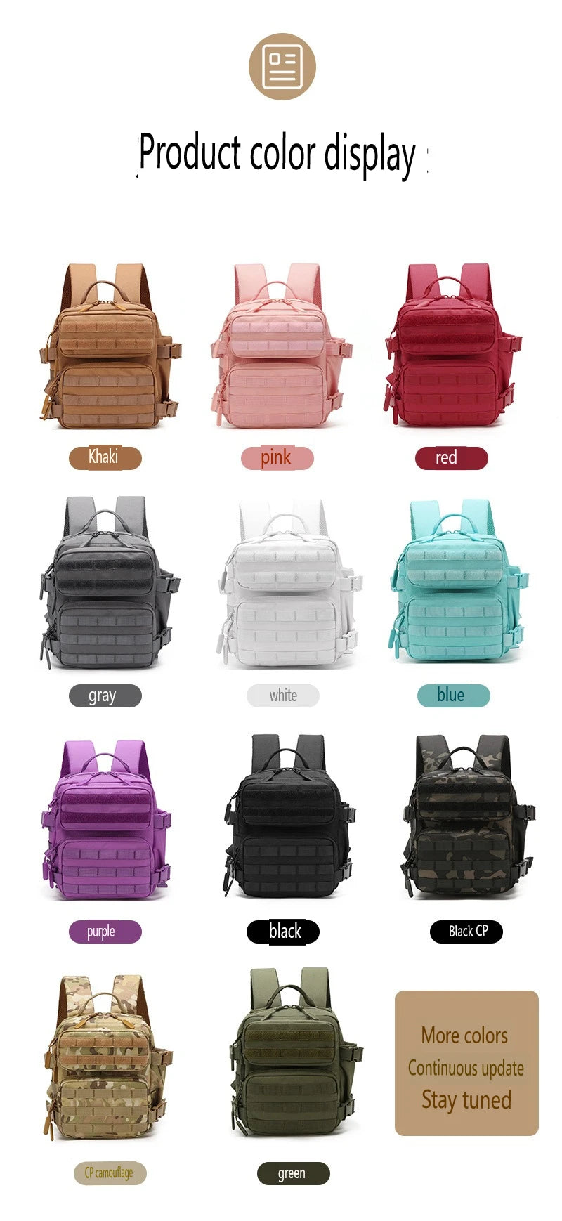 Display of various colors including khaki, pink, red, gray, white, blue, purple, black, and green tactical backpacks.