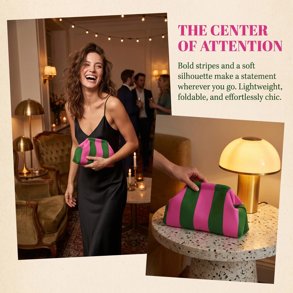 A woman wearing a black dress holds a pink and green striped knit clutch bag in an indoor setting.
