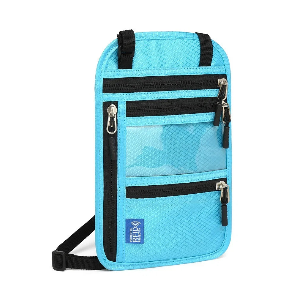 A light blue RFID-blocking travel neck wallet with black trim and adjustable strap.