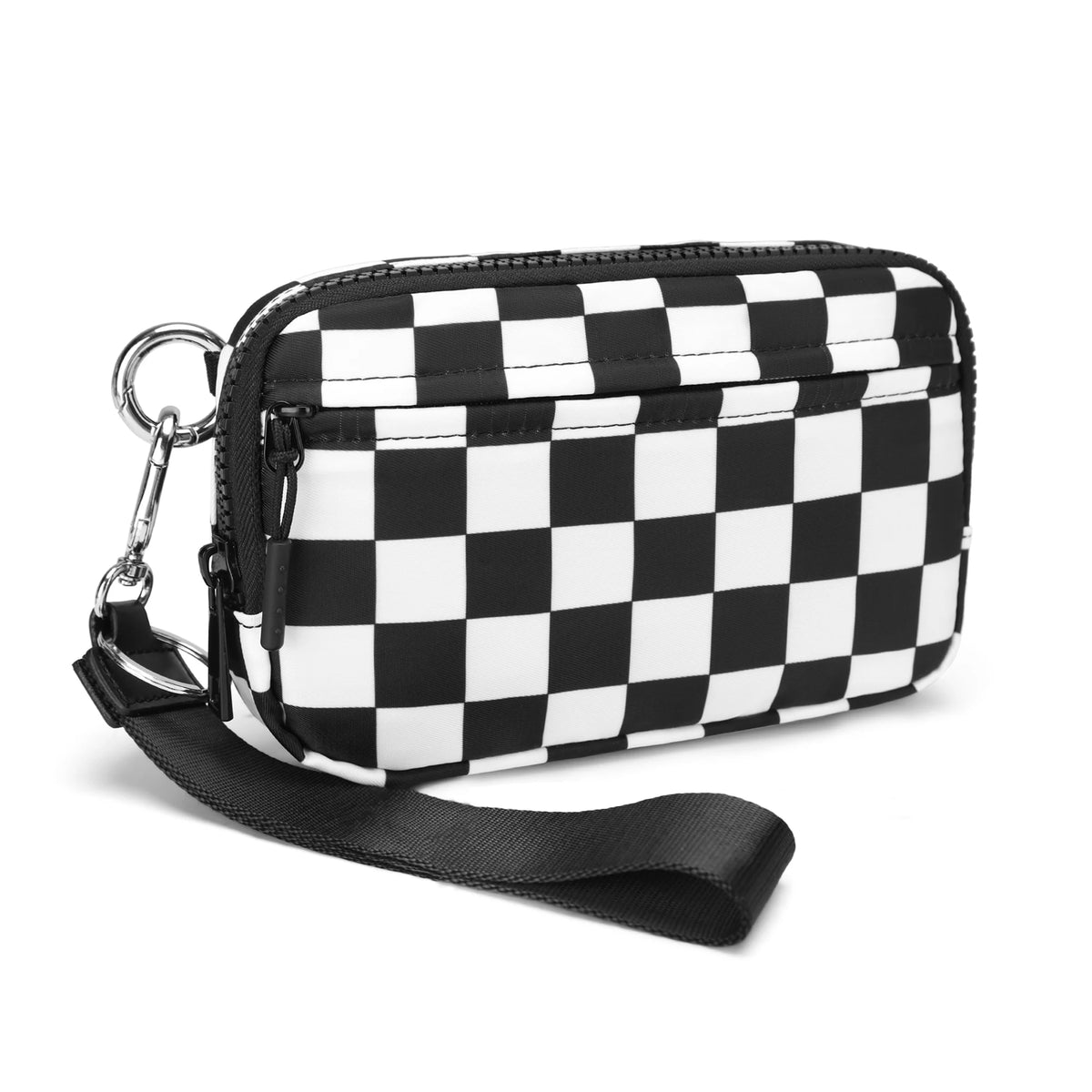 Black and white checkered multi-card wallet with a clear ID window