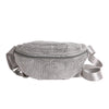 Silver rhinestone-embellished crossbody waist bag with an adjustable strap