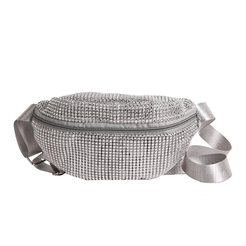Silver rhinestone-embellished crossbody waist bag with an adjustable strap