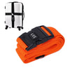 An orange adjustable luggage cross strap with a black combination lock.