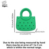 A bright green round PVC handbag featuring a grid of small holes and a loop handle.