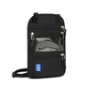 Black RFID-blocking travel neck wallet with adjustable strap and clear window.