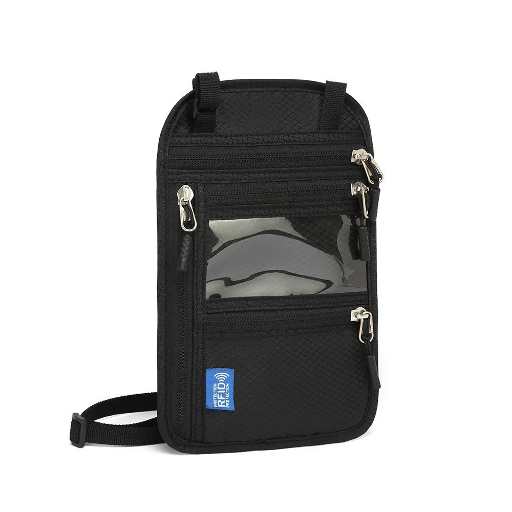 Black RFID-blocking travel neck wallet with adjustable strap and clear window.