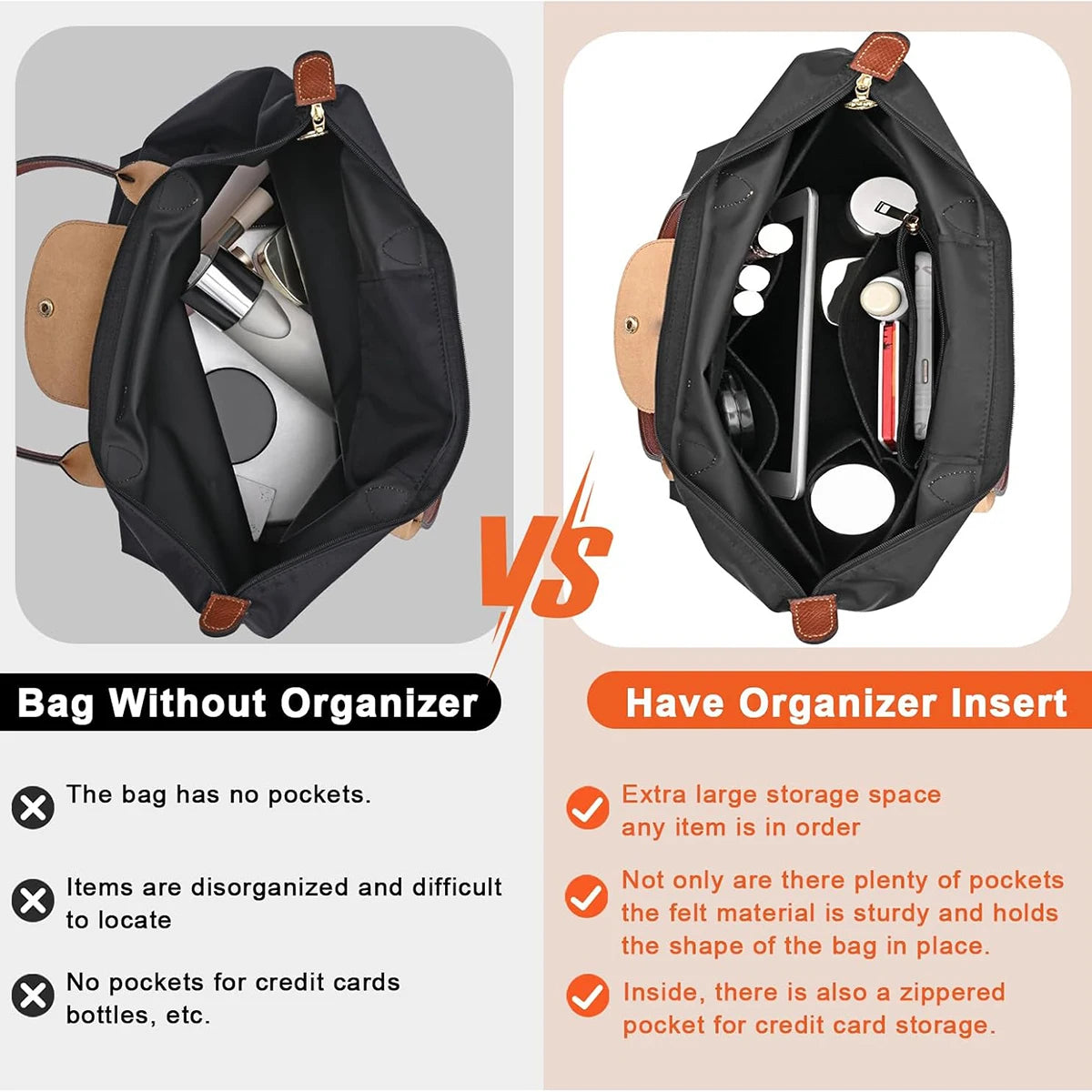 Comparison showing a black bag without an organizer versus a black bag with a felt organizer insert.