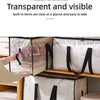 A hand is opening a large transparent woven storage bag with black straps, showing the clear contents.
