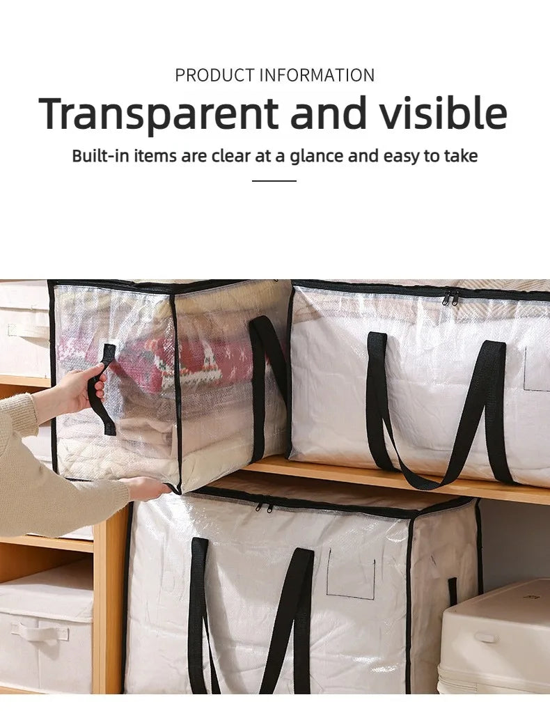 A hand is opening a large transparent woven storage bag with black straps, showing the clear contents.