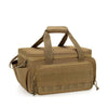 A tan heavy-duty multi-pocket tool bag with reinforced base and carrying handles.